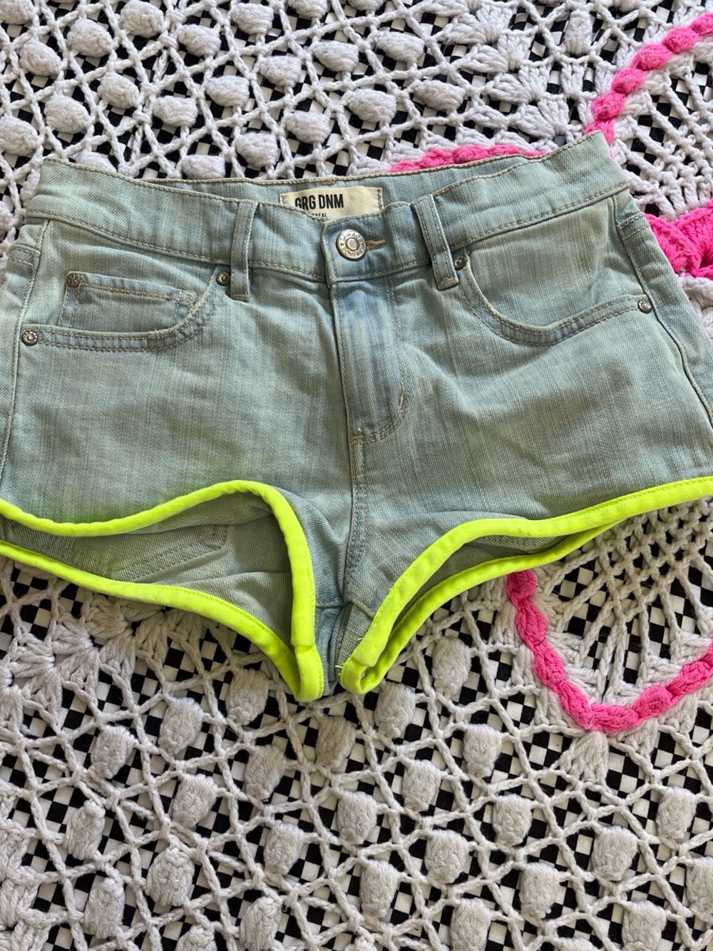 Garage Light Wash Denim Shorts with Neon Yellow Trim